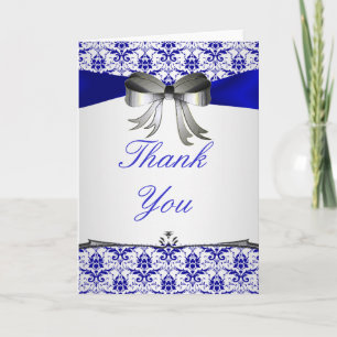Cartão De Agradecimento ornamentado Formal Prata Azul Damasco Obrigado Pla