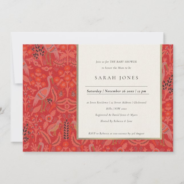 Cartão De Agradecimento Ornamentado Red Classy Flora Peacock Chá de fralda (Frente)