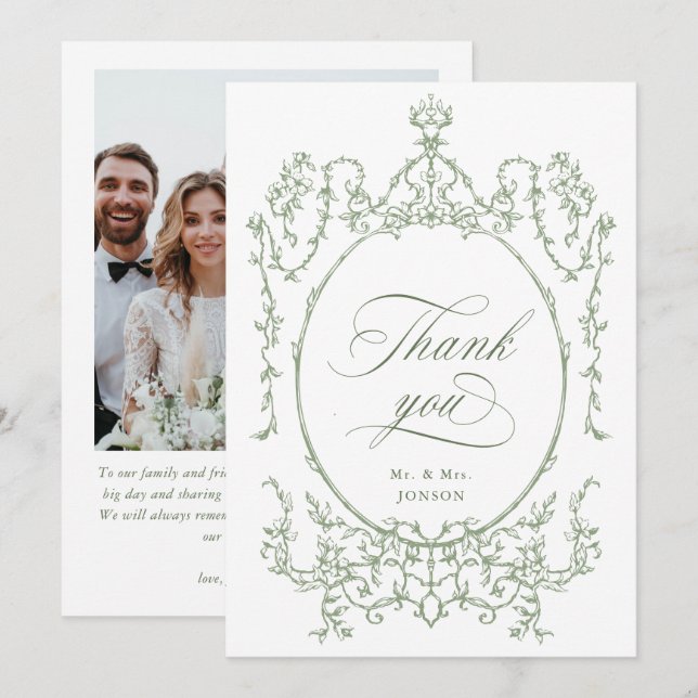 Cartão De Agradecimento Ornamentado Victoriano Sage Foto de Casamento Verd (Frente/Verso)