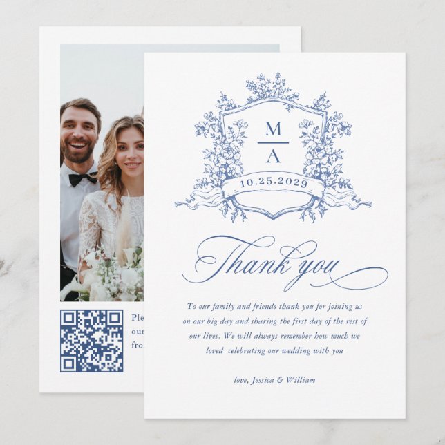 Cartão De Agradecimento Ornamentado vitoriano Floral Dusty Blue Código QR (Frente/Verso)
