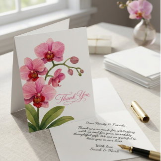 Cartão De Agradecimento Orquídea Rosa Elegante em Aquarela Dobrada Obrigad