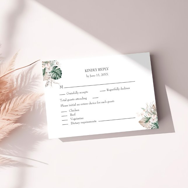 Cartão De Agradecimento Orquídea tropical e placa RSVP Monstera (Tropical Orchid and Monstera RSVP Card on a sunny white table.
)