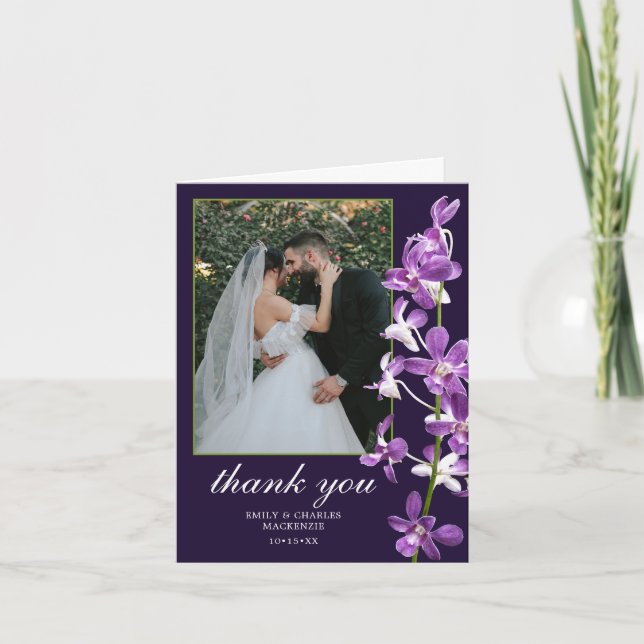 Cartão De Agradecimento Orquídeas Roxas, Casamento Elegante Moderno (Frente)