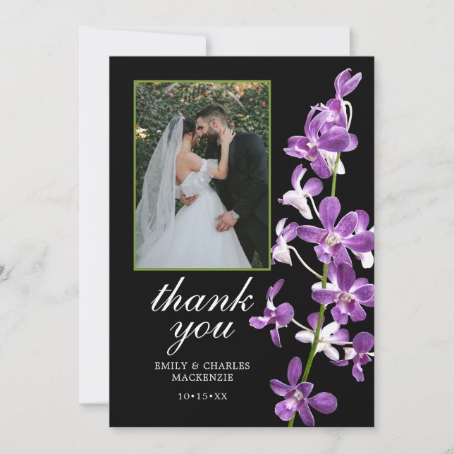 Cartão De Agradecimento Orquídeas Roxas, Casamento Elegante Moderno Obriga (Frente)
