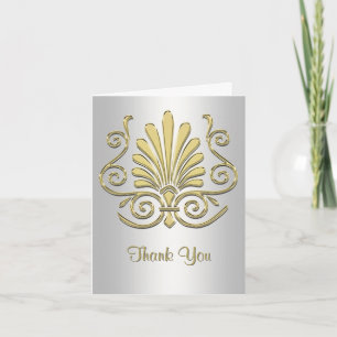 Cartão De Agradecimento Ouro Branco Art Deco Damasco Obrigado