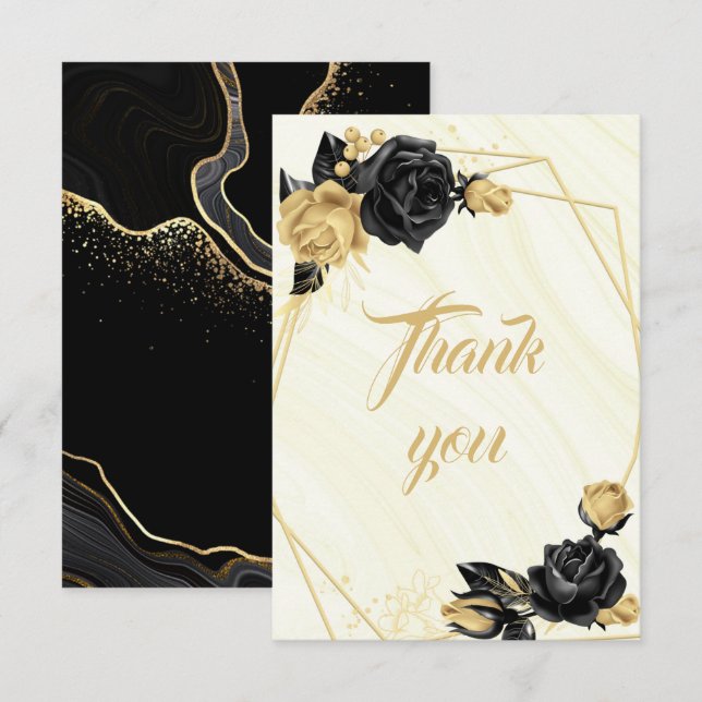 Cartão De Agradecimento ouro elegante e flores pretas botânicas (Frente/Verso)