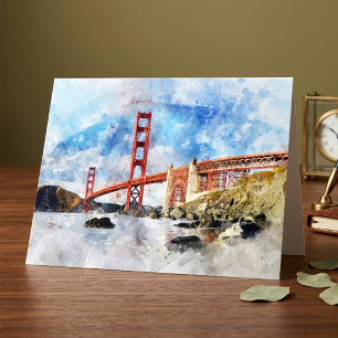 Cartão De Agradecimento Ouro Gate Bridge aquarela em São Francisco