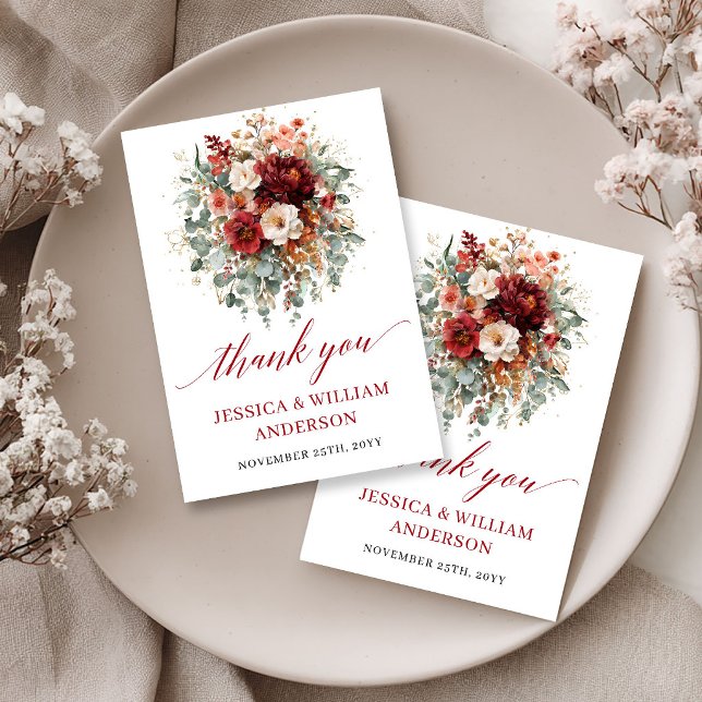 Cartão de Agradecimento Outonal Floral Borgonha El (Elegant Burgundy Floral Autumn Thank You Card

)