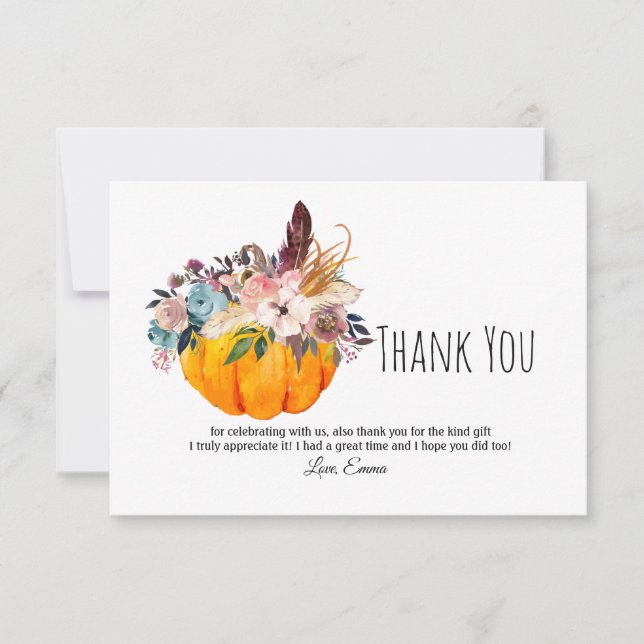 Cartão De Agradecimento outono, floral, obrigado de abóbora (Frente)