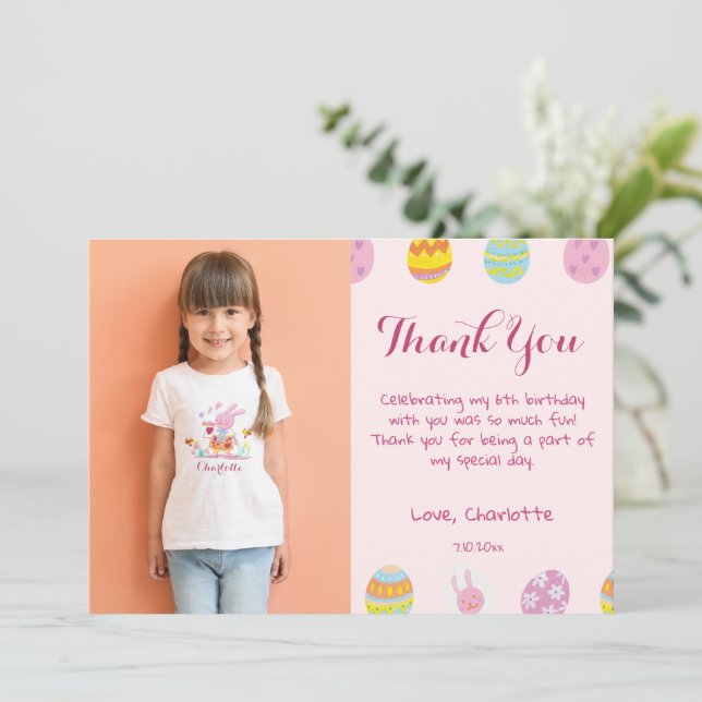 Cartão De Agradecimento Ovos Rosa Pastel Doce Foto de Aniversário de Crian (Em pé/Frente)