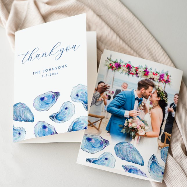 Cartão De Agradecimento Oyster Watercolor Beach Wedding Foto Dobrada (Blue Watercolor Oyster Folded Thank You Card with Wedding Photo and inside message. Concertina Press)
