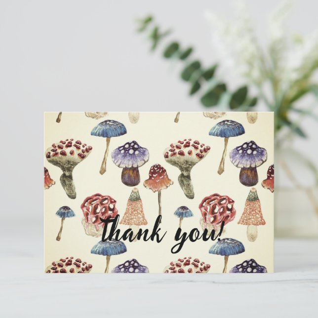 Cartão De Agradecimento Padrão de aquarela com cogumelos coloridos (Em pé/Frente)