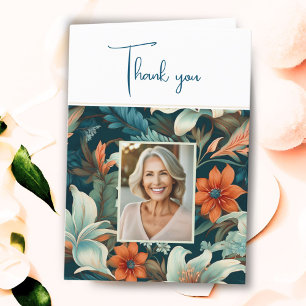 Cartão De Agradecimento Padrão de Folhagem de Flor Elegante Foto de Aniver
