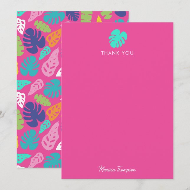 Cartão De Agradecimento Padrão de Folhas Tropicais de Verão Brilhantes (Frente/Verso)