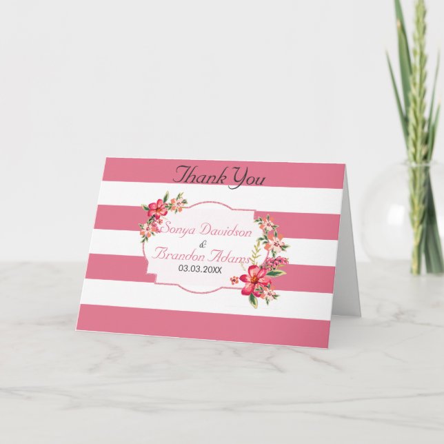 Cartão De Agradecimento Padrão De Listras Brancas E Rosa - Obrigado (Frente)