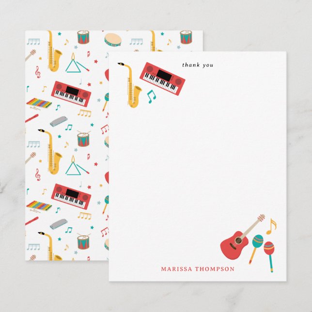 Cartão De Agradecimento Padrão de Tema Musical de Instrumentos Musicais (Frente/Verso)