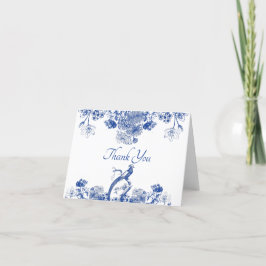 Cartão De Agradecimento Padrão Floral Chinês Azul e Branco com Pássaro