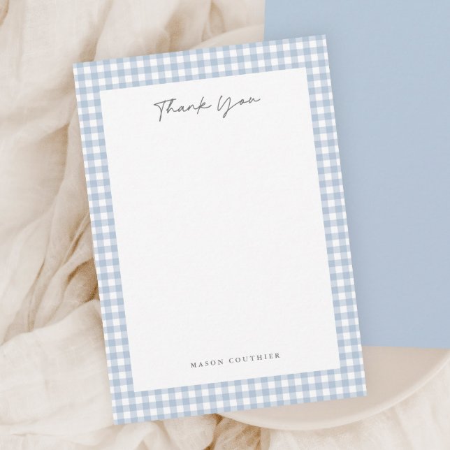 Cartão De Agradecimento Padrão Xadrez Azul (Blue gingham thank you note cards.)