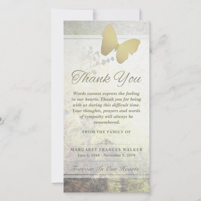 Cartão De Agradecimento Palavras De Borboleta De ouro Não Podem Expressar  (Frente)