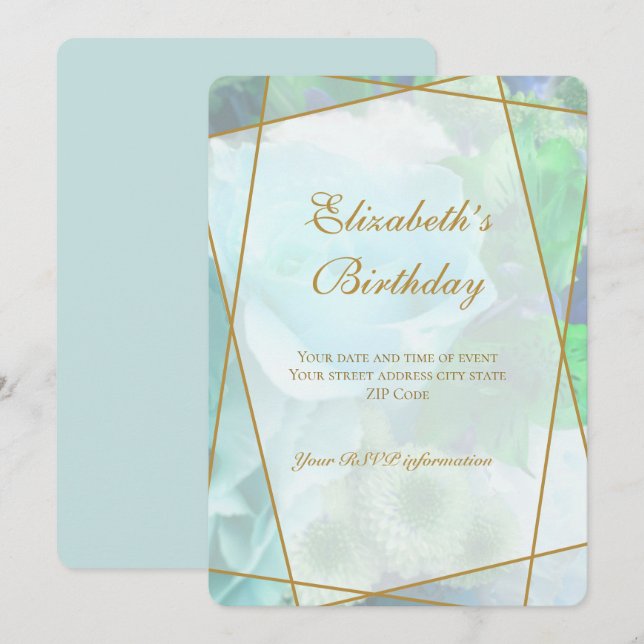 Cartão De Agradecimento Pale Teal Rose Garden Birthday Invitation Card (Frente/Verso)