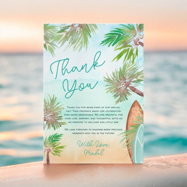 Cartão De Agradecimento Palmeiras tropicais praia bebê em chá conselho (Tropical palm trees beach baby on board shower thank you card)