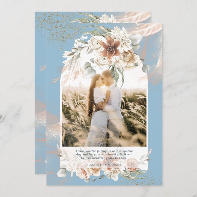 Cartão De Agradecimento Pampas Azul Dusty FOTO Floral OBRIGADA (Frente/Verso)