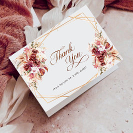 Cartão De Agradecimento Pampas Gold Geometric Burgundy Floral Wedding