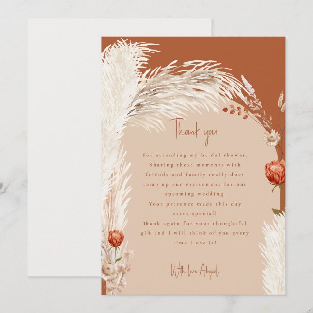 Cartão De Agradecimento Pampas Terracota Obrigado por Comparecer ao Chá de (Frente/Verso)