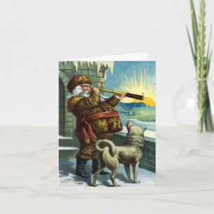 Cartão De Agradecimento Papai Noel de Natal Vintage com Husky Obrigado