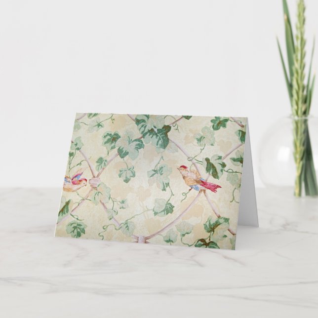 Cartão De Agradecimento Papel de parede retrô com aves Obrigado (Frente)