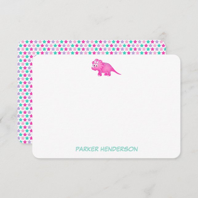 Cartão De Agradecimento Papel Personalizado De Dinossauro Rosa (Frente/Verso)