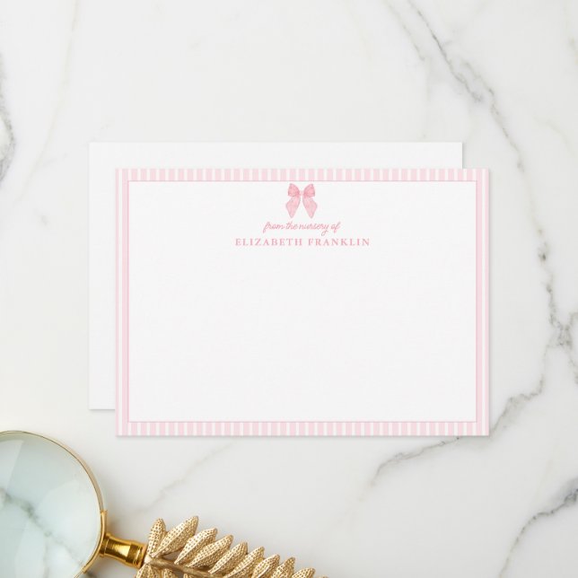 Cartão De Agradecimento Papelaria Personalizada para Menina com Laço Rosa  (Frente/Verso In Situ)