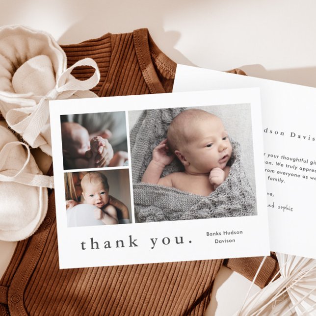 Cartão de agradecimento para bebé com colagem de f (Simple 3 Photo Collage Budget Baby Thank You Cards.)