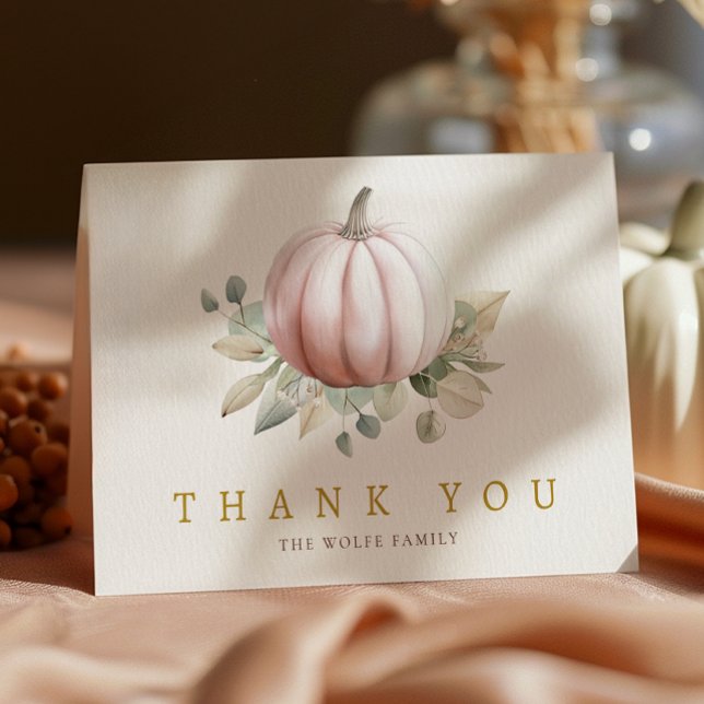 Cartão de Agradecimento para Chá de Bebê Blush Pum (Little Pumpkin Thank You Card - Blush Pink)
