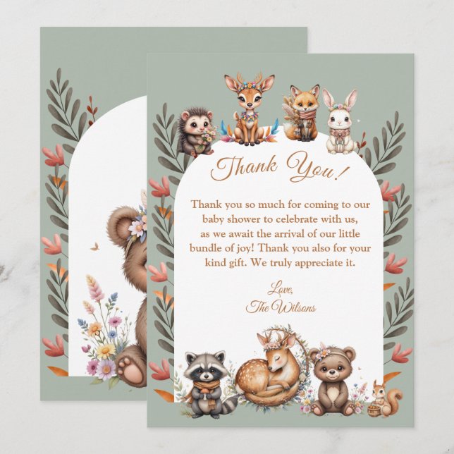 Cartão de Agradecimento para Chá de Bebê Boho Anim (Frente/Verso)