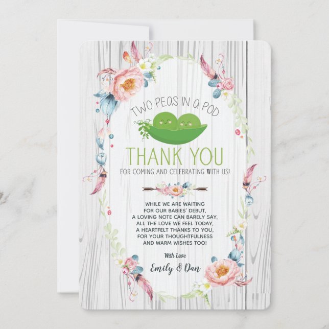 Cartão de Agradecimento para Chá de Bebê Boho Peas (Frente)