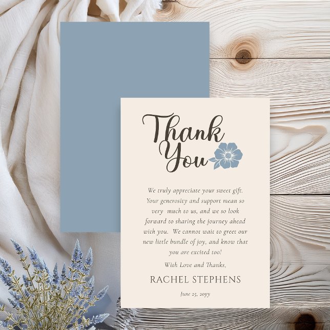 Cartão de Agradecimento para Chá de Bebê Botânico  (Elegant botanical baby shower thank you card with blue sage floral accent on neutral background)