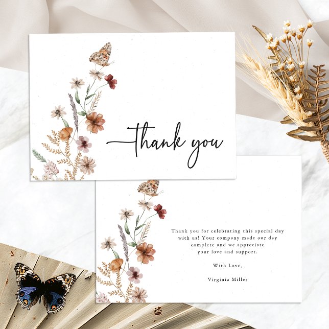Cartão de Agradecimento para Chá de Bebê com Flore (White Boho Wildflower Wedding Thank You Card with Butterfly by Painted Paperie
)