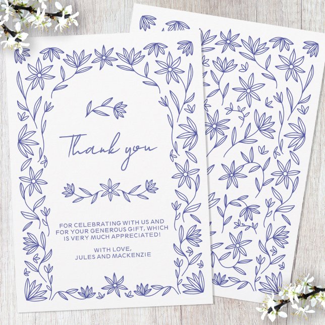 Cartão de Agradecimento para Chá de Bebê Floral Me (Modern Mediterranean blue and white floral line art wildflower arch baby shower thank you card)