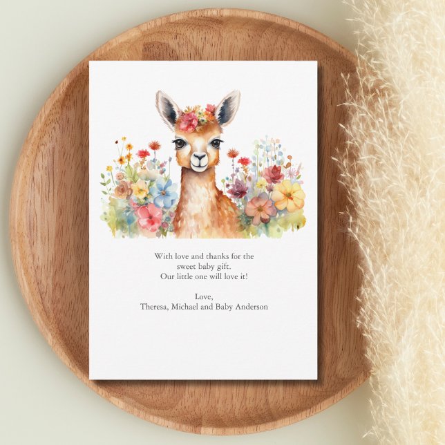 Cartão de agradecimento para chá de bebê Llama Wil (Baby Llama Watercolor Wildflowers Baby Shower New baby gift thank you card)