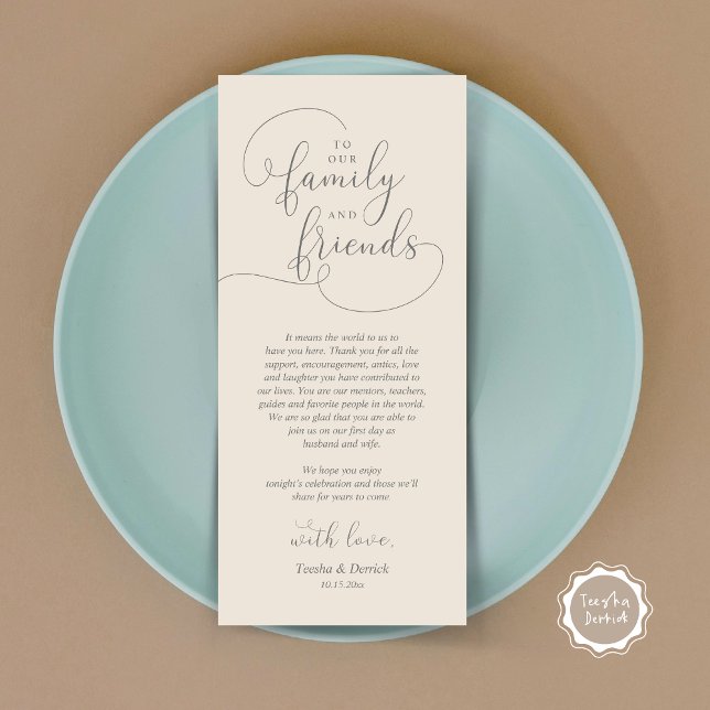 Cartão de Agradecimento para Configuração de Mesa  (To Our Family and Friends, Wedding Dinner Place Setting Thank You Card, Modern, Dark Grey Cream)
