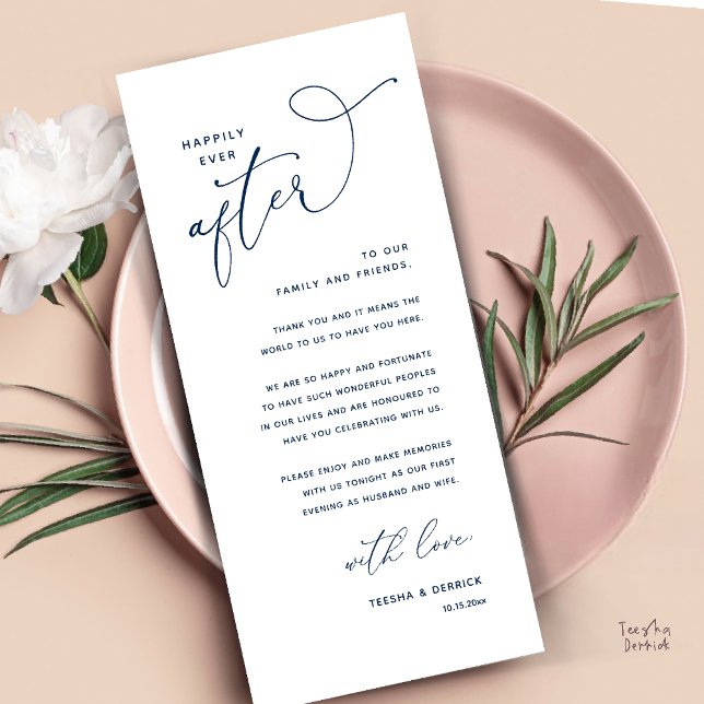 Cartão de Agradecimento para Jantar de Casamento F (Welcome and Thanks, Happily Ever After Modern Wedding Dinner Thank You Card in Classy Navy Blue)