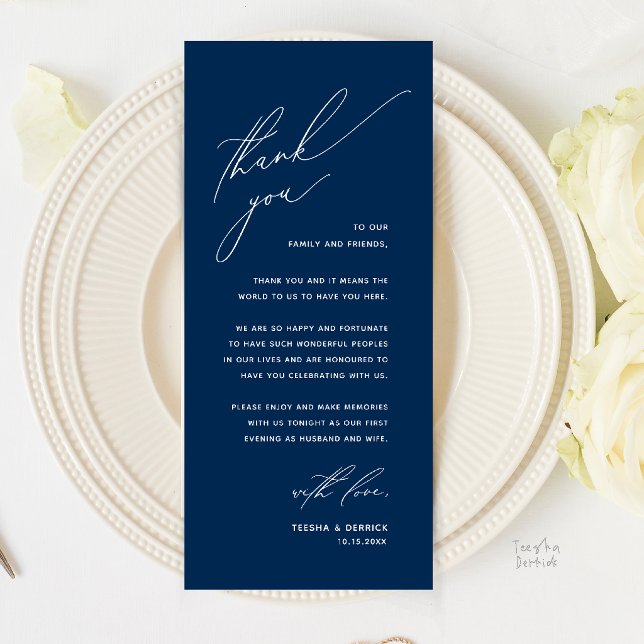 Cartão de Agradecimento para Jantar de Casamento M (Romantic Modern Wedding Reception Dinner Thank You Card in Navy Blue)