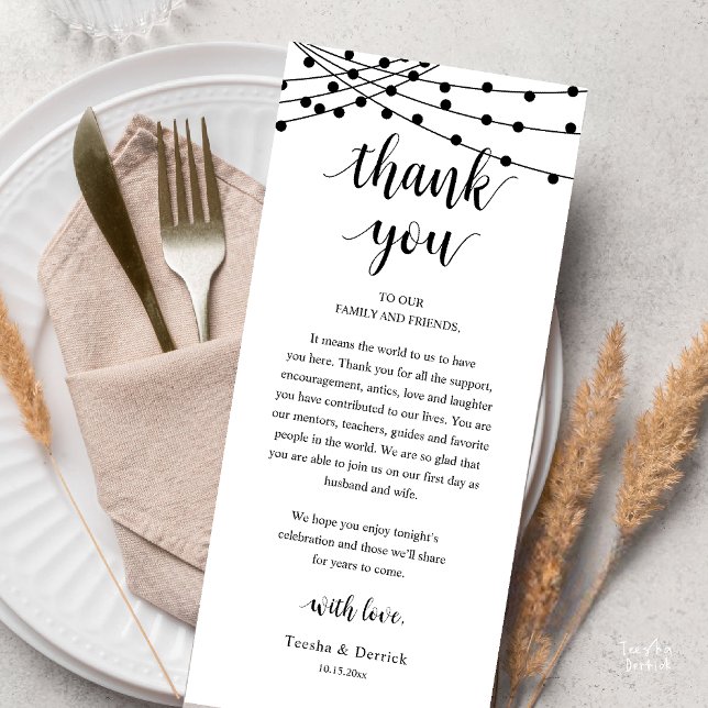 Cartão de Agradecimento para Jantar de Casamento R (Modern Rustic Wedding Dinner Thank You Card, Reception string lights, Black and White)