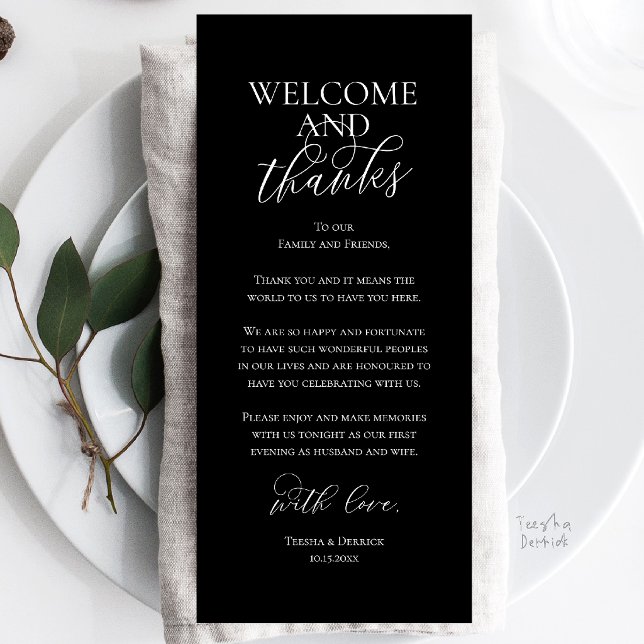 Cartão de Agradecimento para Jantar de Noivado Bem (Welcome and Thanks Wedding Reception Dinner Celebration Thank You Card in Classy Black)