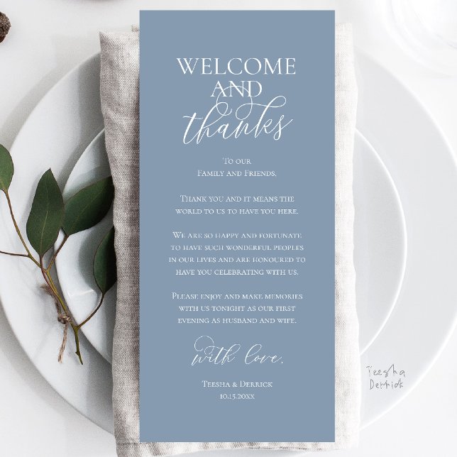 Cartão de Agradecimento para Jantar de Noivado Bem (Welcome and Thanks Wedding Reception Dinner Celebration Thank You Card in Dusty Blue)