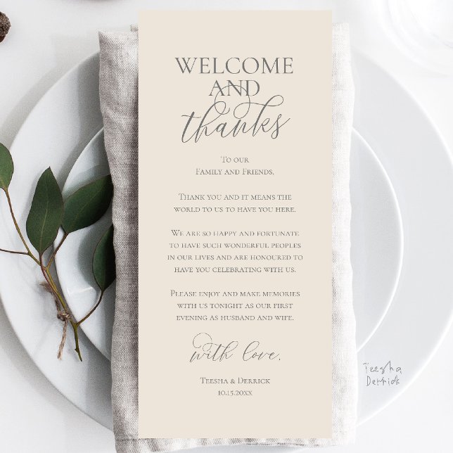 Cartão de Agradecimento para Jantar de Noivado Bem (Welcome and Thanks Wedding Reception Dinner Celebration Thank You Card in Cream Grey)