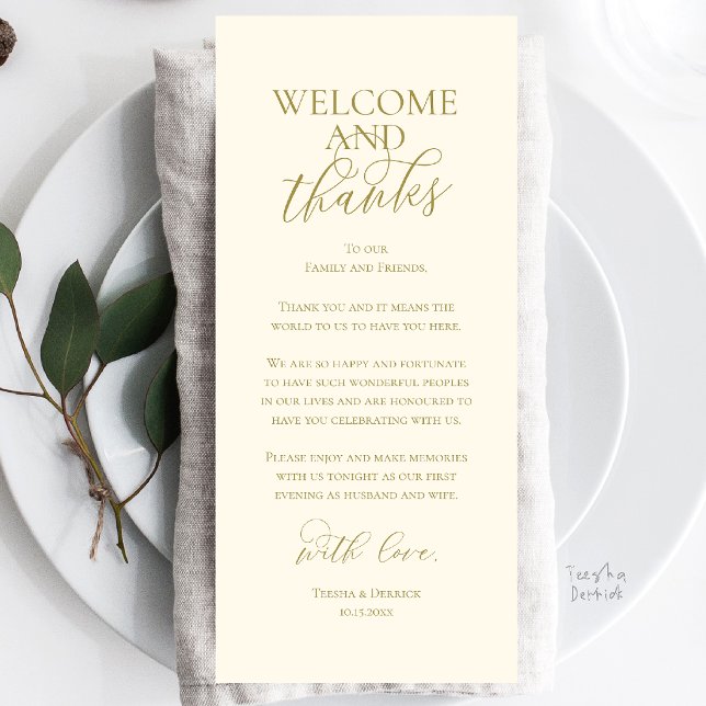 Cartão de Agradecimento para Jantar de Noivado Bem (Welcome and Thanks Wedding Reception Dinner Celebration Thank You Card in Yellow Gold Cream)