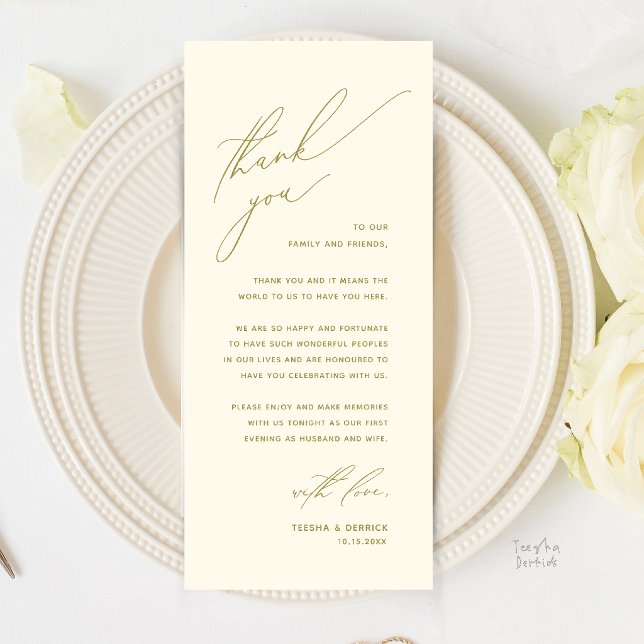 Cartão de Agradecimento para Jantar de Noivado Mod (Romantic Modern Wedding Reception Dinner Thank You Card in Gold Yellow Cream)