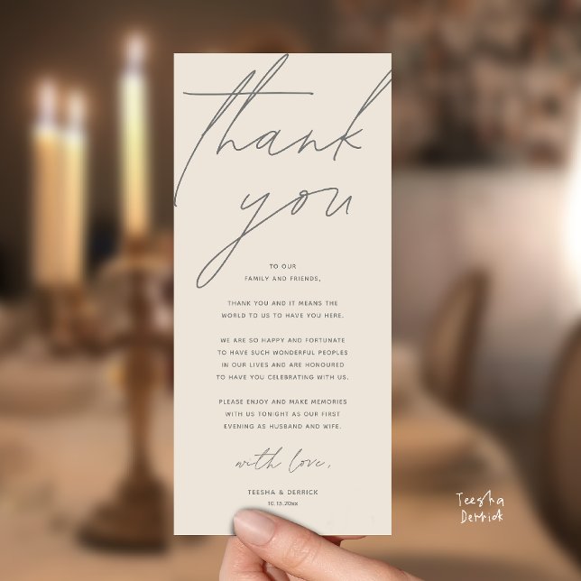 Cartão de Agradecimento para Jantar de Recepção de (Modern Wedding Reception Dinner Lunch Brunch Party Thank You Card in warm cream grey)